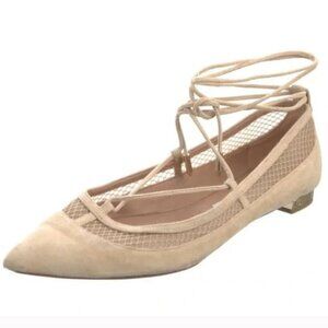 Aquazzura Dalia Pointed Toe Wrap Around Ballet Flats Nude Suede Mesh Sz 39.5
